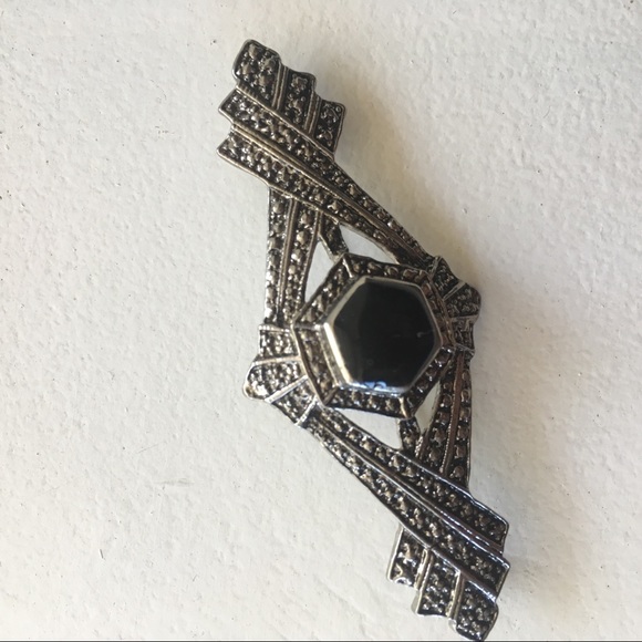 Faux onyx and faux marcasite Art Deco style pin - Picture 3 of 6